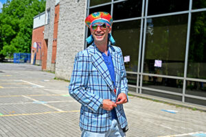 The lead coordinator for ProjectActive, Special Education Technician Brad Snooks wearing a silly hat and glasses as well as a plaid jacket