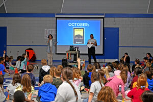 Lord Aylmer principal Samantha Halpin and vice-principal Hannah Patrick discussing respect during their October monthly pep-rally